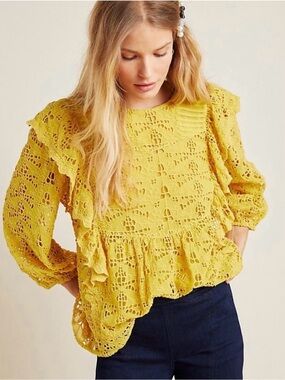 Anthropologie Clementine Yellow Lace Eyelet Ruffle Peasant Blouse Women’s 10